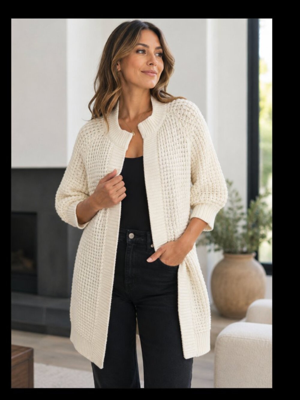 Express Waffle Knit Cable Duster White Ivory Small Cardigan 3/4 Sleeves